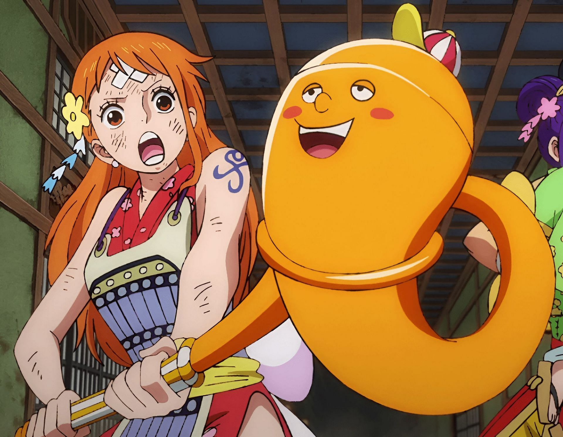 Nami (right) and Zeus in the form of Nami's Clima-tact (left) (Image via Toei Animation)